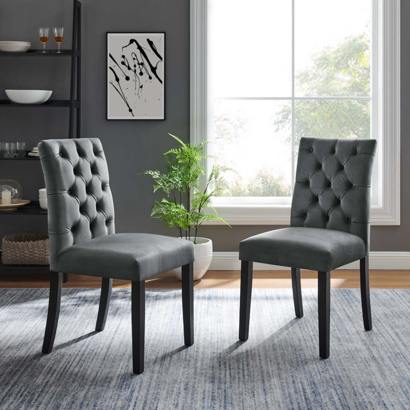 Gray Velvet Upholstered Side Chair with Wood Legs