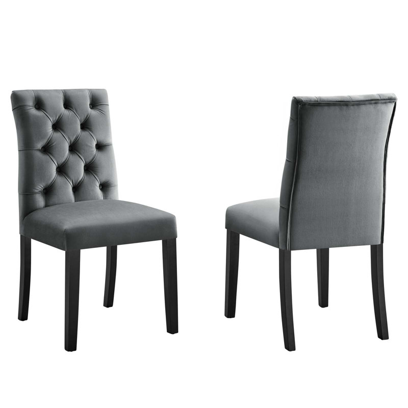 Gray Velvet Upholstered Side Chair with Wood Legs