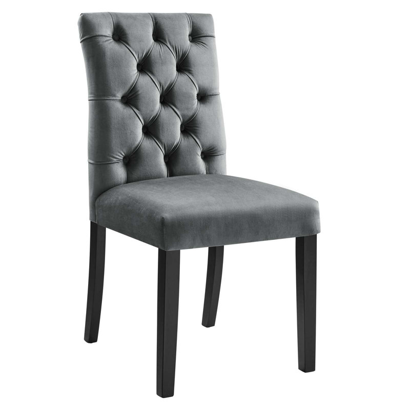 Gray Velvet Upholstered Side Chair with Wood Legs