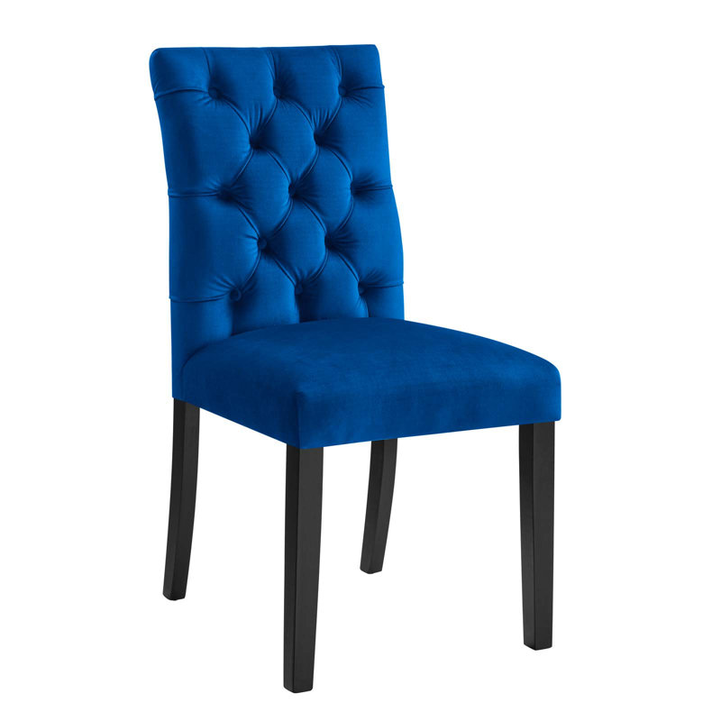 Elegant Navy Velvet Upholstered Dining Side Chair with Wooden Legs