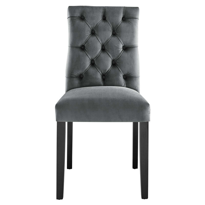 Gray Velvet Upholstered Side Chair with Wood Legs