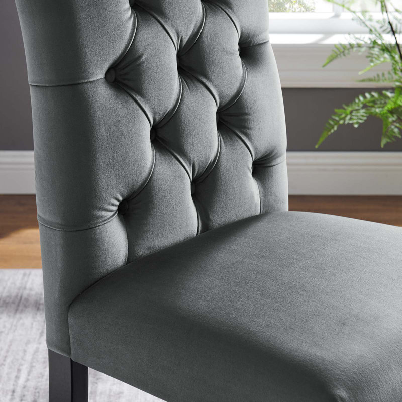 Gray Velvet Upholstered Side Chair with Wood Legs