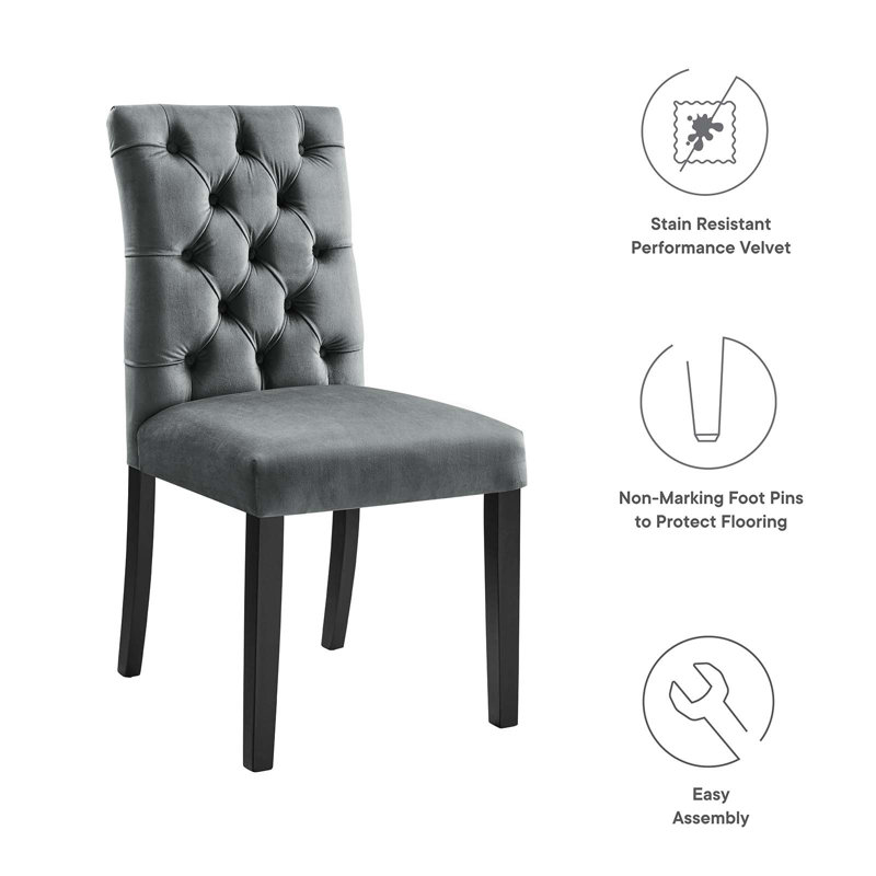 Gray Velvet Upholstered Side Chair with Wood Legs