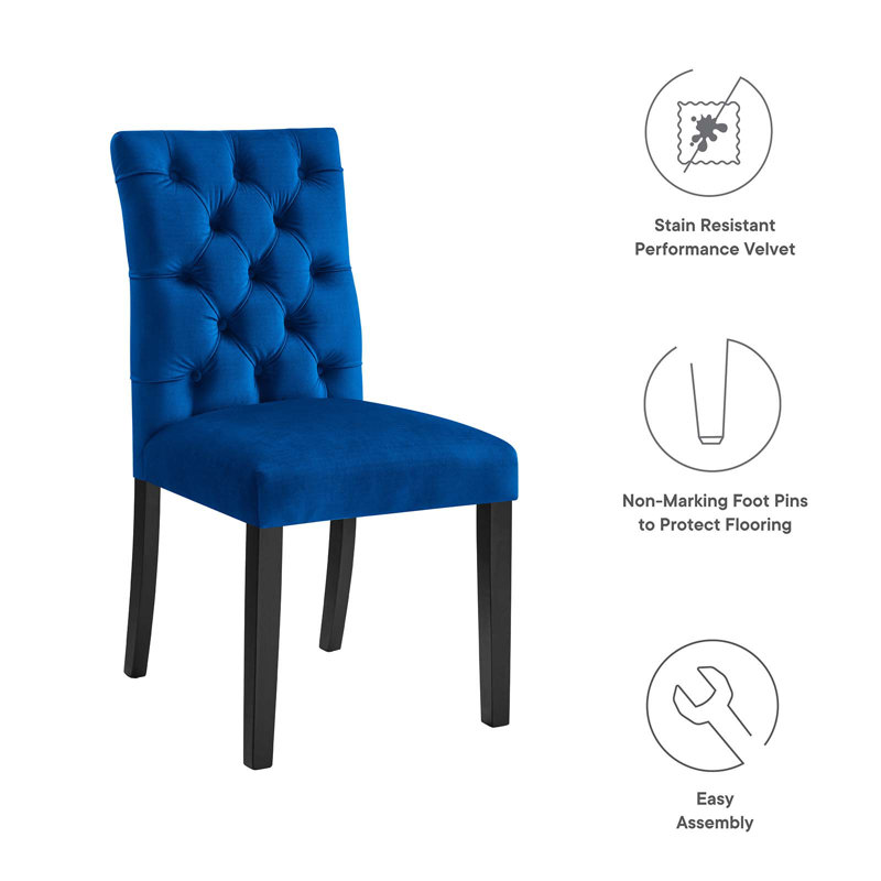Elegant Navy Velvet Upholstered Dining Side Chair with Wooden Legs
