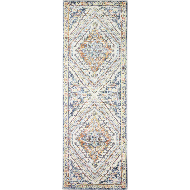 Ivory Aztec Distressed Easy-Care Synthetic Runner - 2'6" x 8'