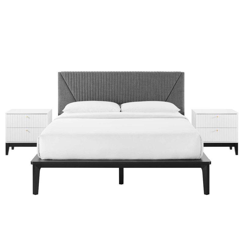 Dakota White Upholstered Queen Bed with 2 Nightstands