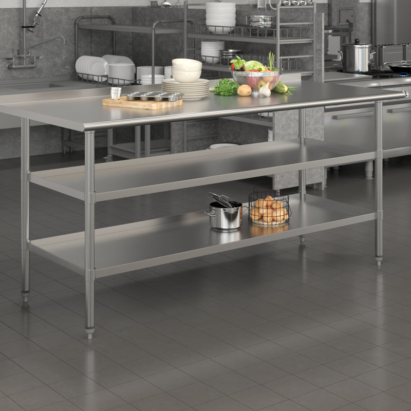 Contemporary 72"x30" Stainless Steel Kitchen Work Table with Shelves