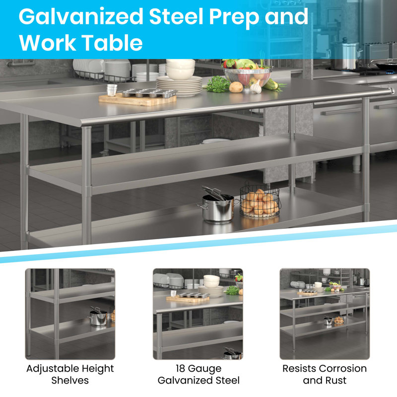 Contemporary 72"x30" Stainless Steel Kitchen Work Table with Shelves