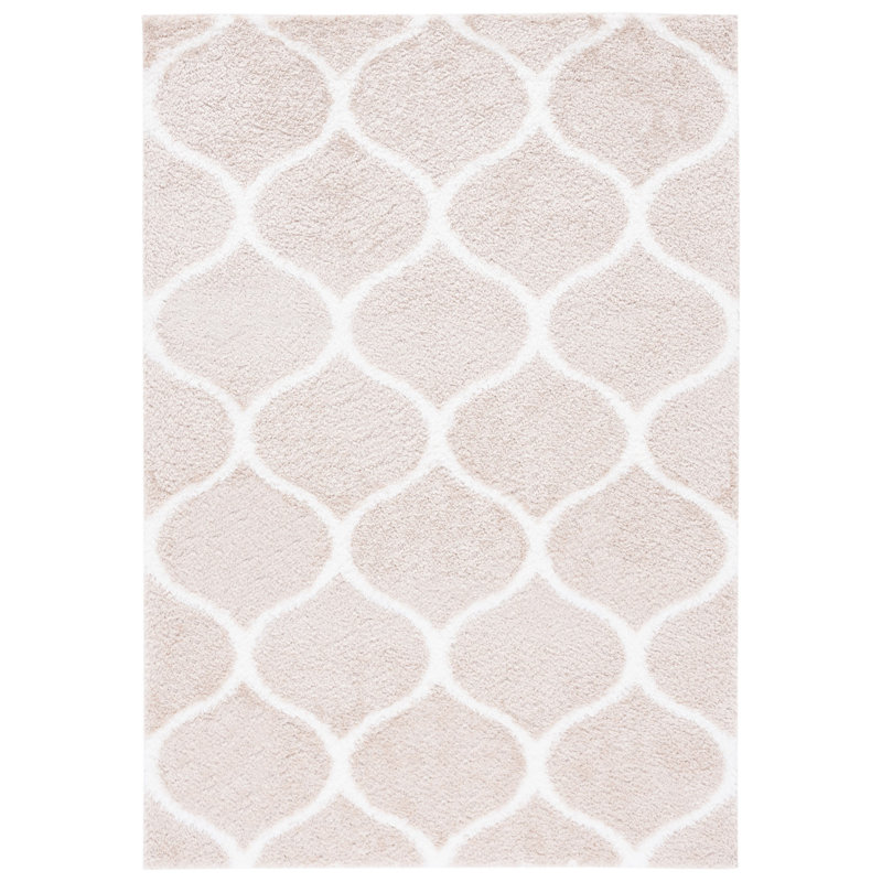 Beige and White Geometric Shag Area Rug, 9' x 12'
