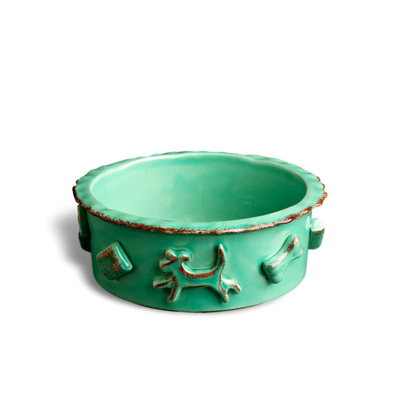 Medium Aqua Green Stoneware Dog Food and Water Bowl