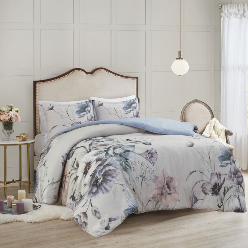 Cassandra Blue Cotton Floral Full/Queen Duvet Cover Set