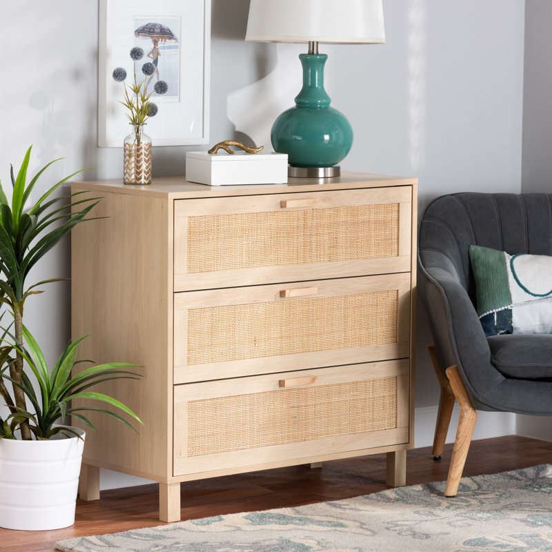 Sebille Light Brown Wood and Rattan 3-Drawer Chest