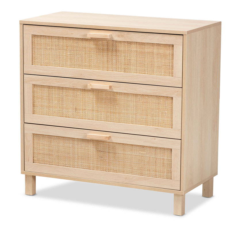 Sebille Light Brown Wood and Rattan 3-Drawer Chest