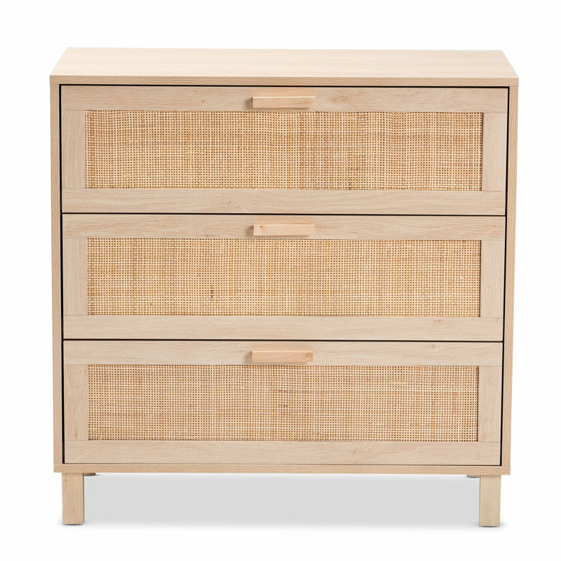 Sebille Light Brown Wood and Rattan 3-Drawer Chest