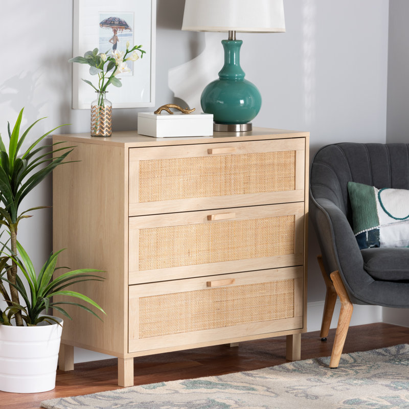 Sebille Light Brown Wood and Rattan 3-Drawer Chest