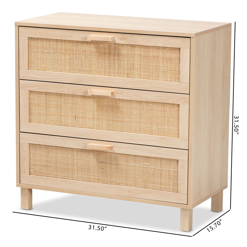 Sebille Light Brown Wood and Rattan 3-Drawer Chest