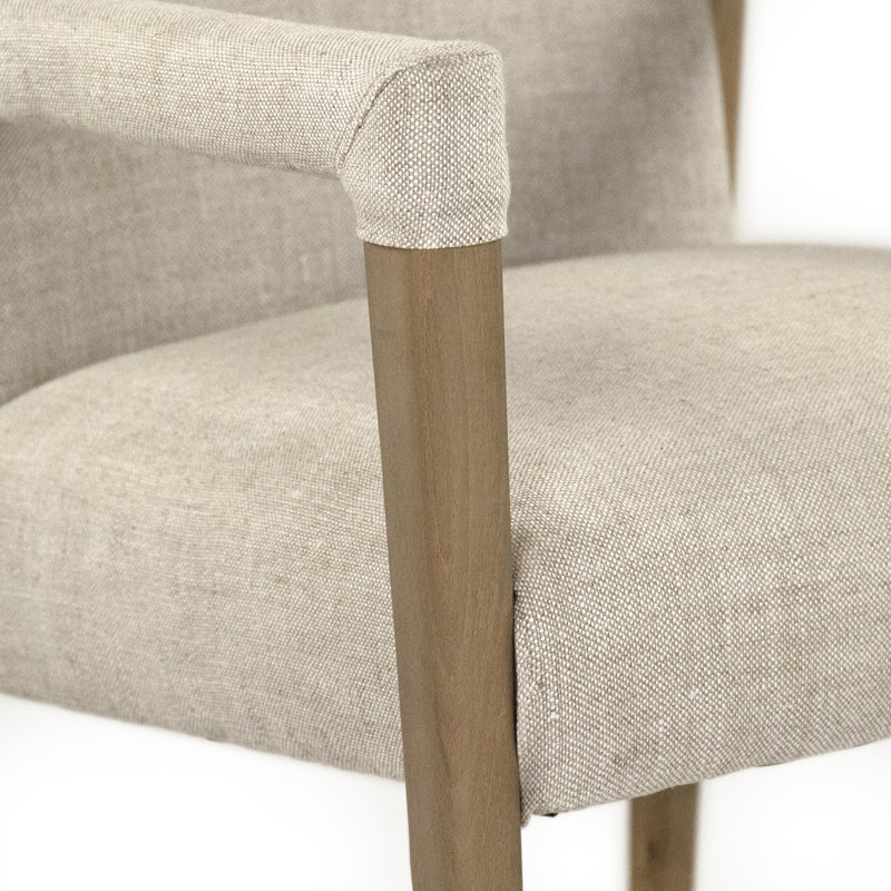 Cream and Tan Fabric Armchair with Wood Frame