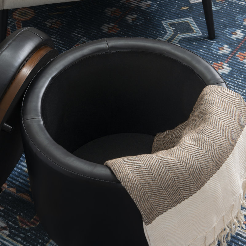 Addilynne Round Black Faux Leather Storage Ottoman