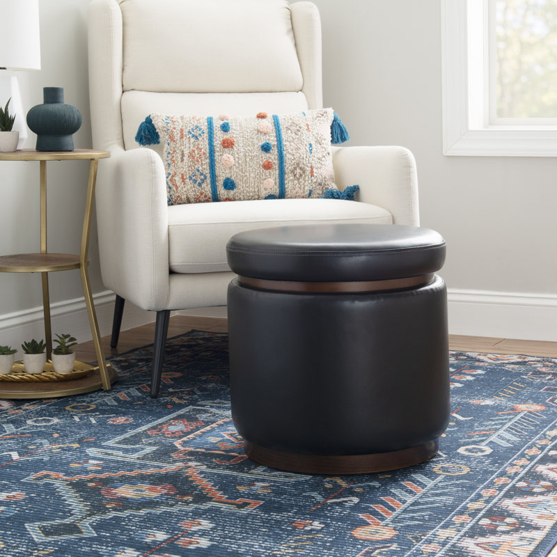 Addilynne Round Black Faux Leather Storage Ottoman