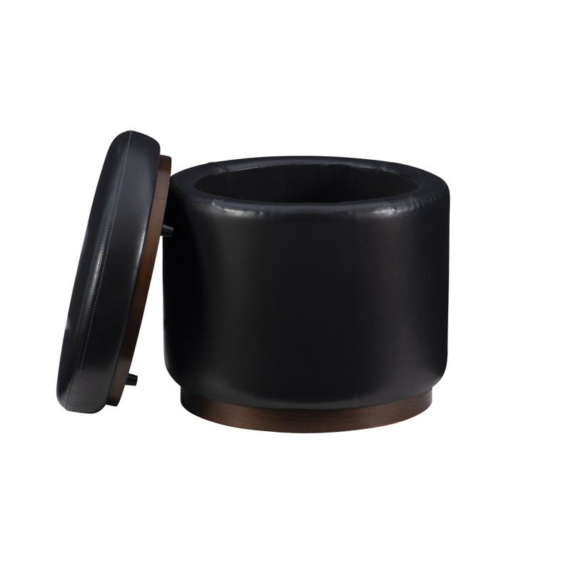 Addilynne Round Black Faux Leather Storage Ottoman