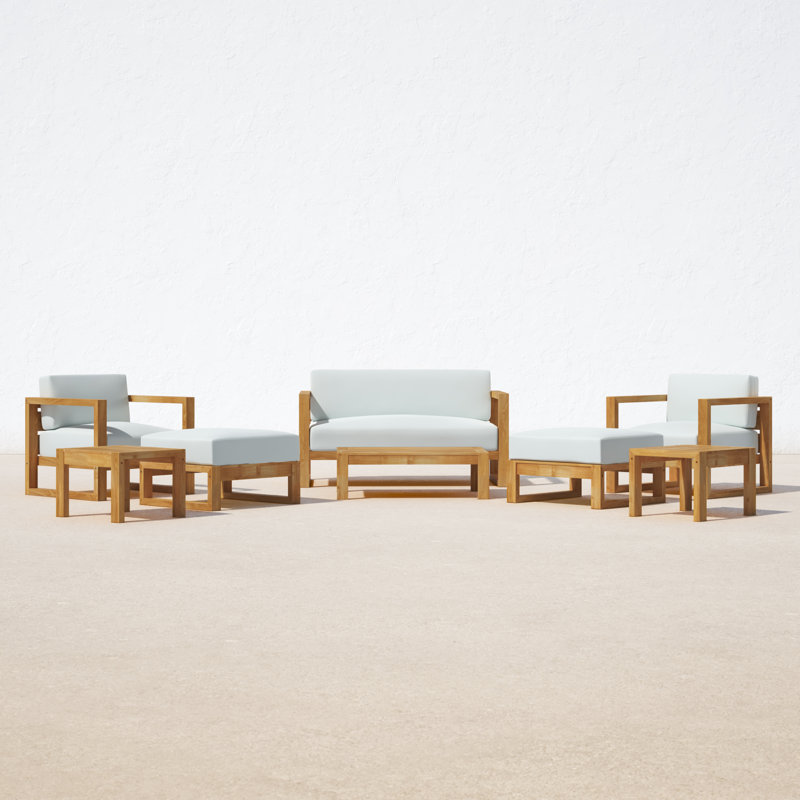 Upland Natural Teak 8-Piece Outdoor Patio Conversation Set with White Cushions