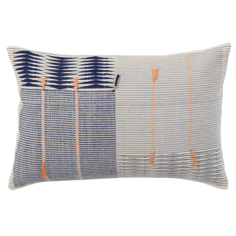 Navy and Silver Cotton Lumbar Pillow with Tassels