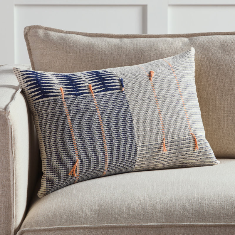 Navy and Silver Cotton Lumbar Pillow with Tassels
