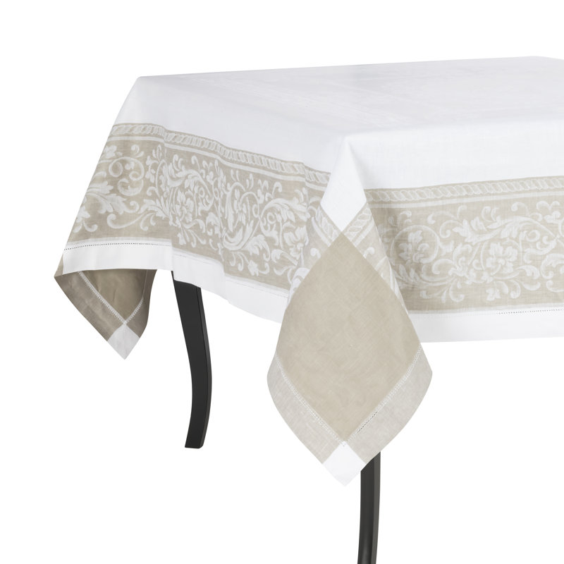 Versailles White and Beige Linen Tablecloth 71" x 100"