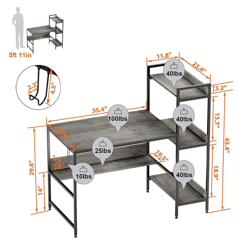 Gray Wood Computer Desk with Headphone Hook