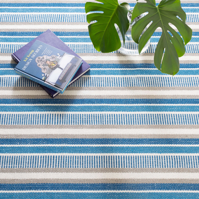 Blue and Beige Striped Handwoven Cotton Rug