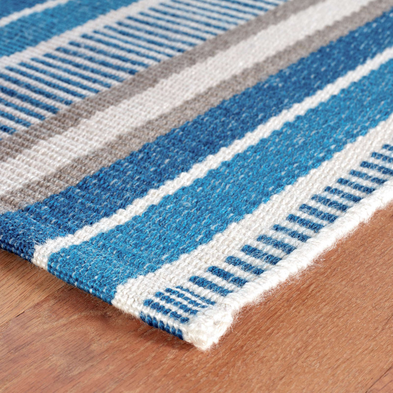 Blue and Beige Striped Handwoven Cotton Rug