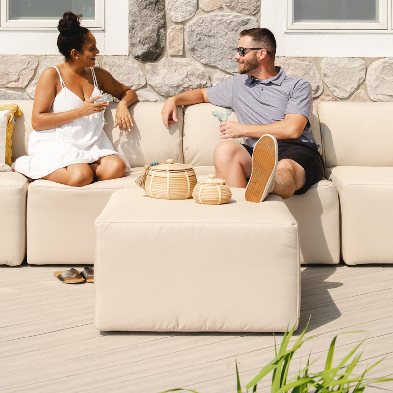 Beige Water-Resistant Patio Ottoman with Hidden Handle