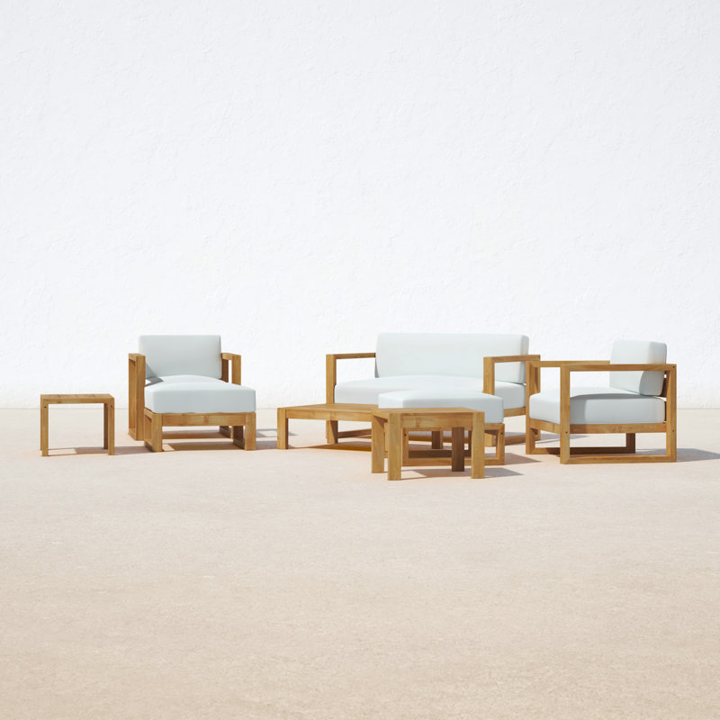 Upland Natural Teak 8-Piece Outdoor Patio Conversation Set with White Cushions
