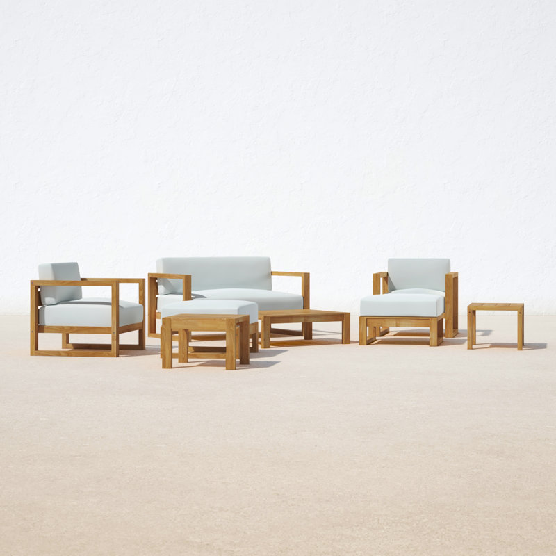 Upland Natural Teak 8-Piece Outdoor Patio Conversation Set with White Cushions