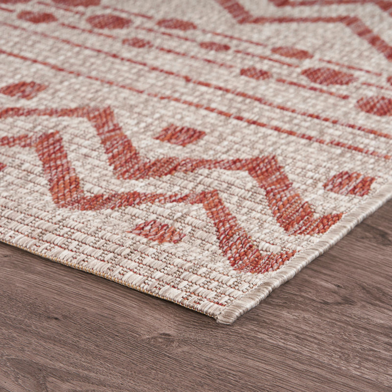 Sunshower Chevron Red & Beige 1'10" x 3' Synthetic Indoor/Outdoor Rug
