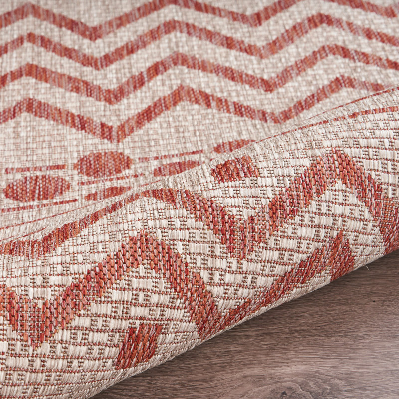 Sunshower Chevron Red & Beige 1'10" x 3' Synthetic Indoor/Outdoor Rug