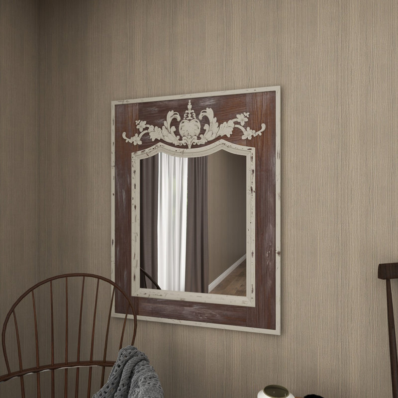 Scalloped 33" x 43" Brown and Cream Rustic Wooden Wall Mirror