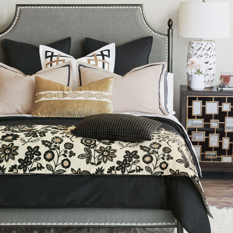 Queen Black and Gold Embroidered Cotton Bed Runner