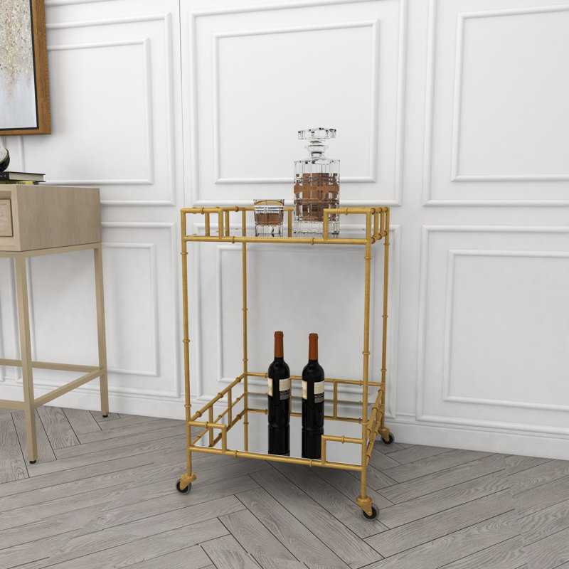 Gold Square Metal Bar Cart with Mirrored Shelves