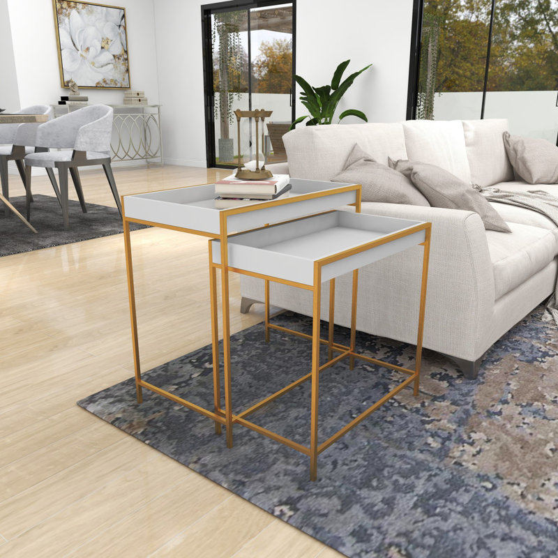 White and Gold Polished Nesting Console Tables, Set of 2