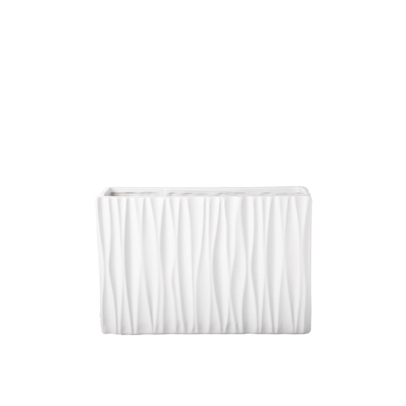 Matte White Ceramic Square Vase with Embossed Wave Pattern