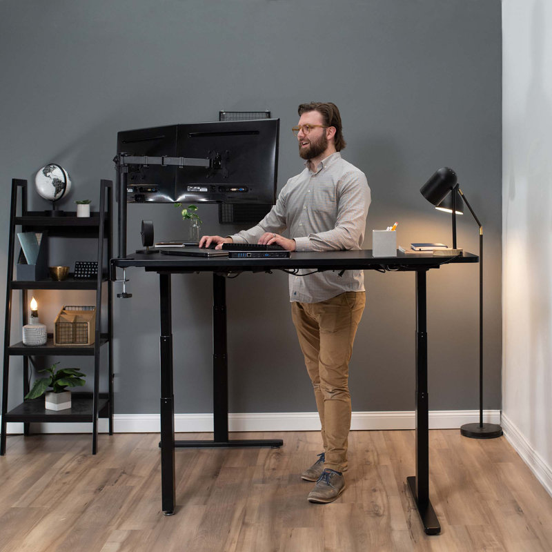 Adjustable Height Electric Standing Desk in Light Wood & Black
