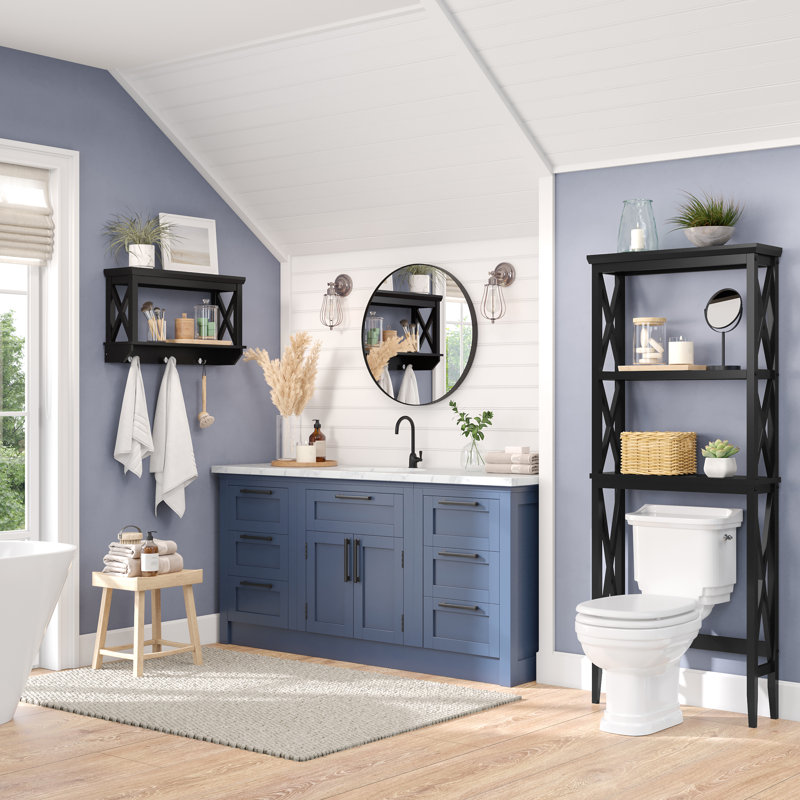 Black Wood Wall Shelf with Hooks and Open Shelves