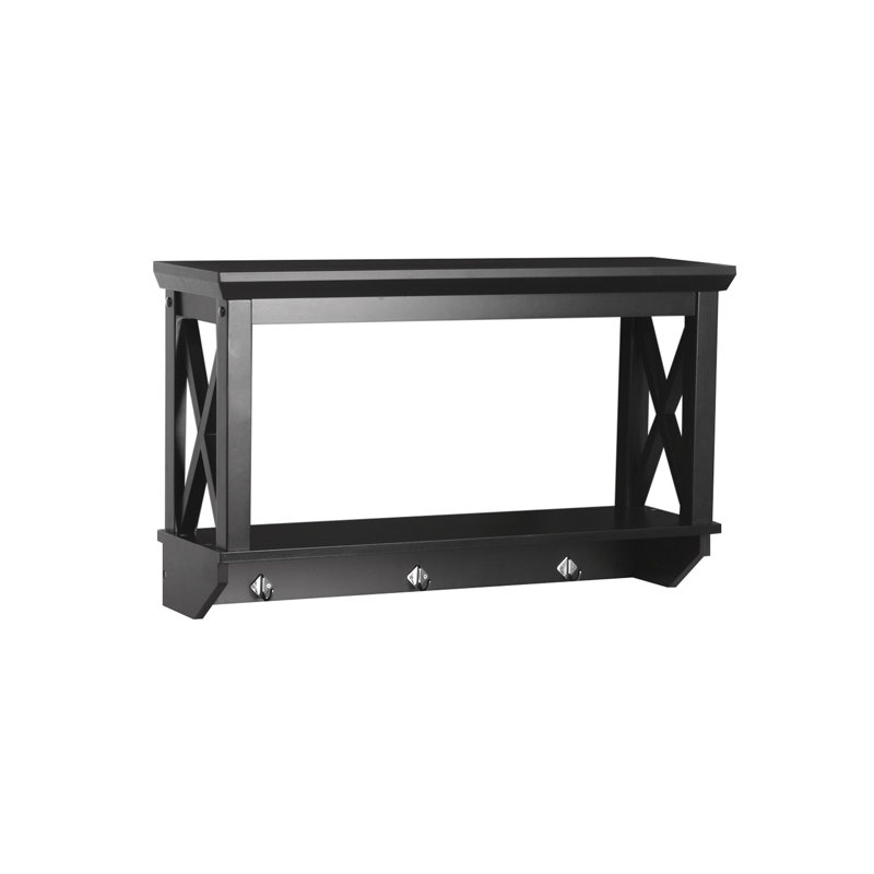 Black Wood Wall Shelf with Hooks and Open Shelves