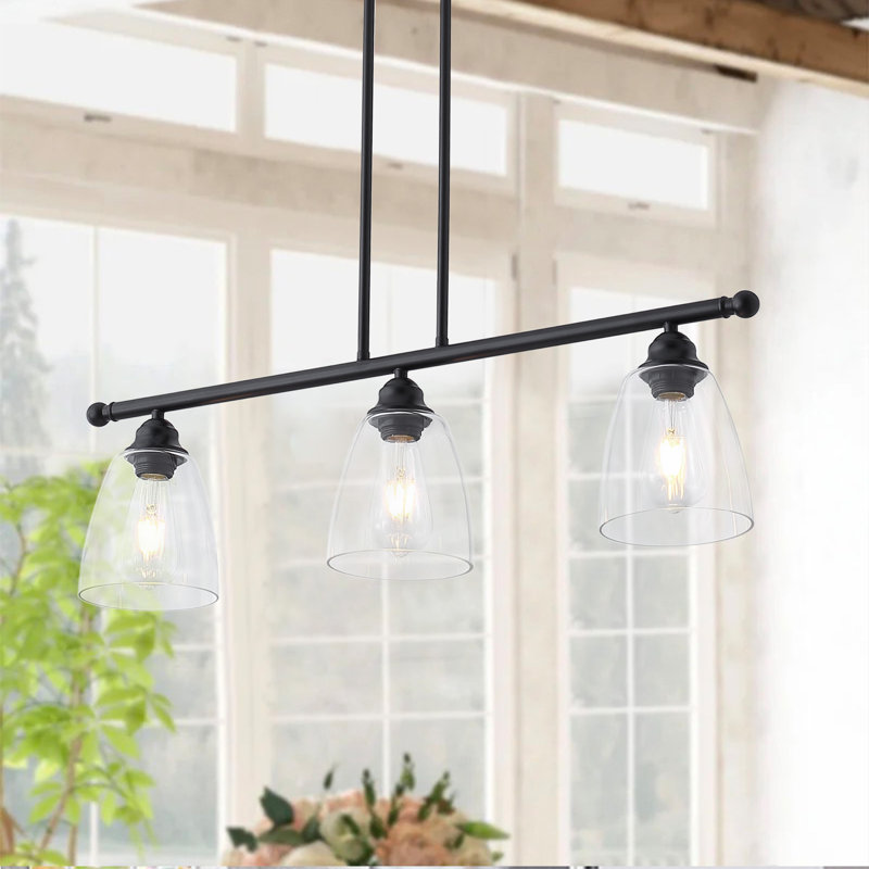 Farmhouse 3-Light Black Metal and Clear Glass Tiered Kitchen Island Pendant