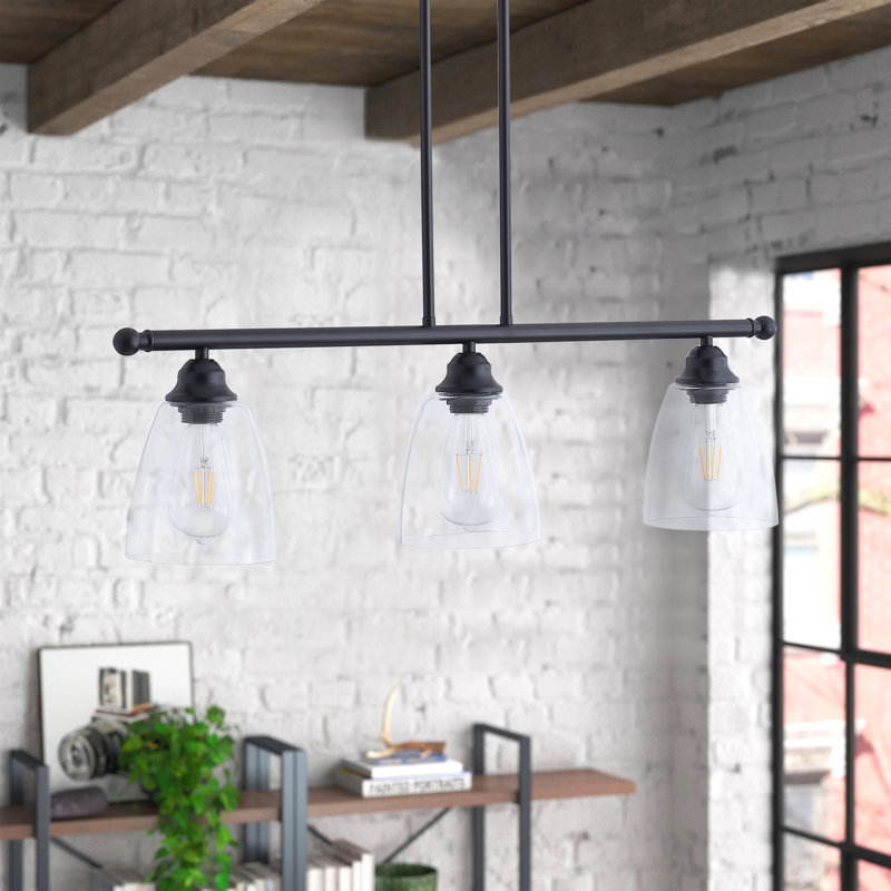 Farmhouse 3-Light Black Metal and Clear Glass Tiered Kitchen Island Pendant