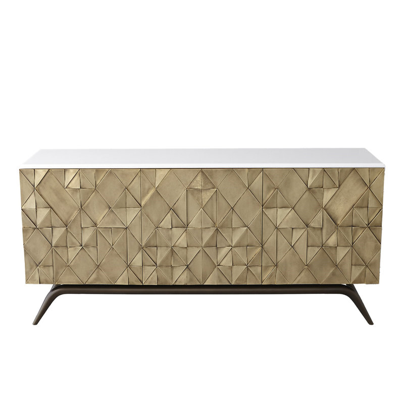 Polished Brass Triangle Cabinet with Marble Top and Adjustable Shelves
