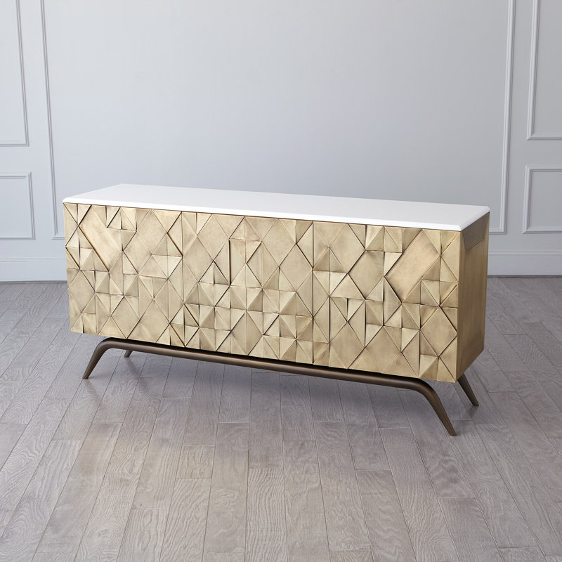 Polished Brass Triangle Cabinet with Marble Top and Adjustable Shelves