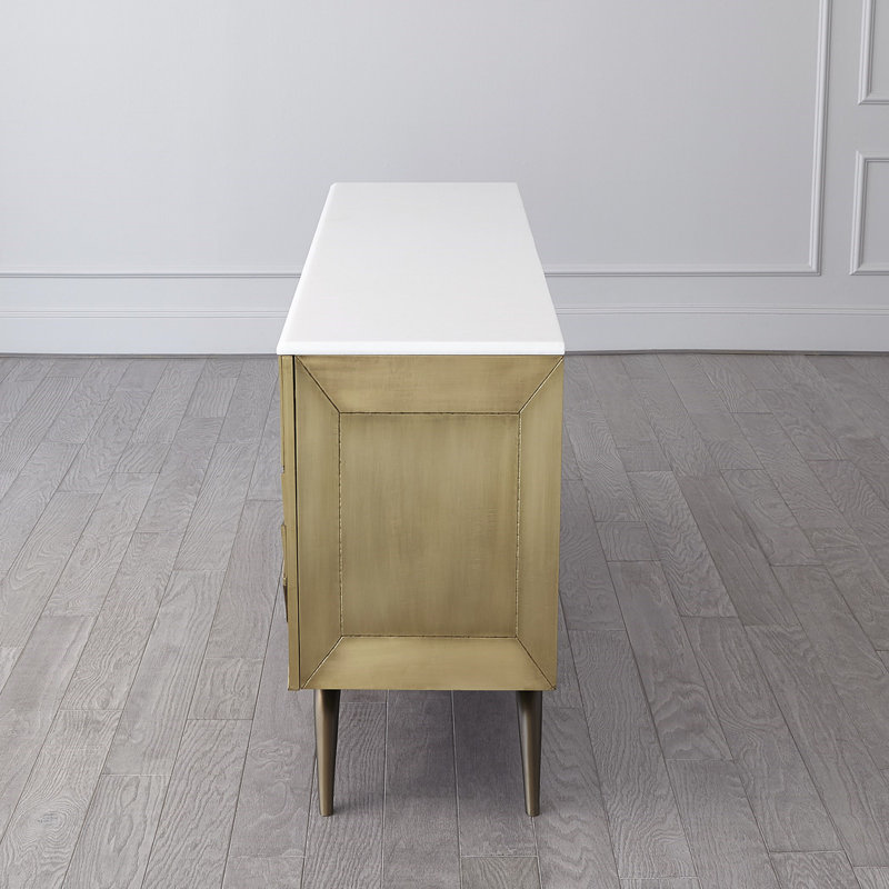 Polished Brass Triangle Cabinet with Marble Top and Adjustable Shelves