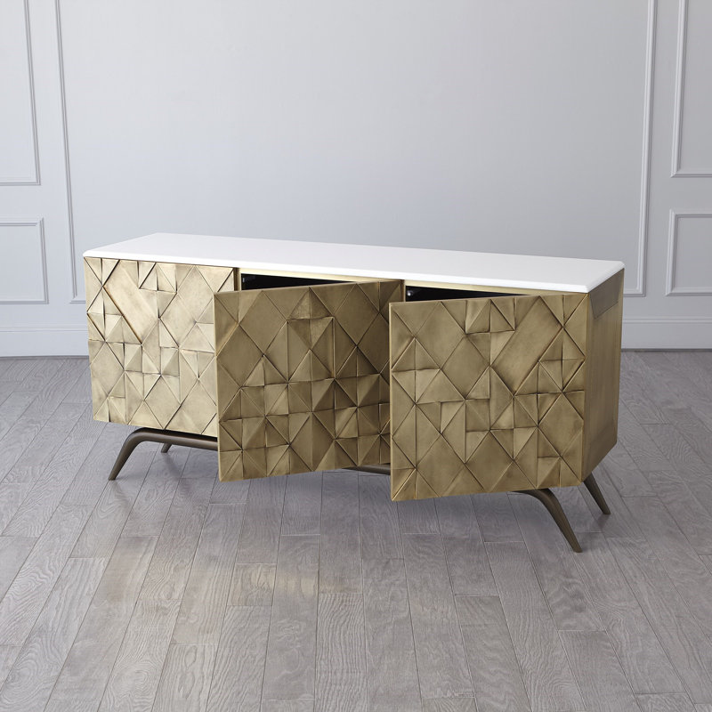 Polished Brass Triangle Cabinet with Marble Top and Adjustable Shelves